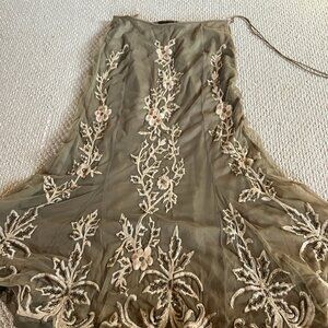 Crave Chic Vintage RARE Trumpet Skirt Long S Tulle Lined Embroidery Olive Green
